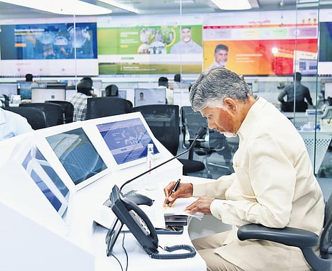 Chief Minister N Chandrababu Naidu holds a review meeting on RTGS at the State Secretariat in Velagapudi on Monday 