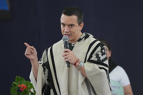 Ecuador's President Daniel Noboa speaks during an event to deliver benefits and to decry the protests against diesel price hikes following his fuel subsidy cuts, in Otavalo, Ecuador, Wednesday, Sept. 24, 2025.