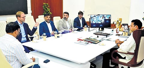Minister D Sridhar Babu at a meeting with representatives of Germany’s Fraunhofer Heinrich Hertz Institute (HHI) at Secretariat on Tuesday