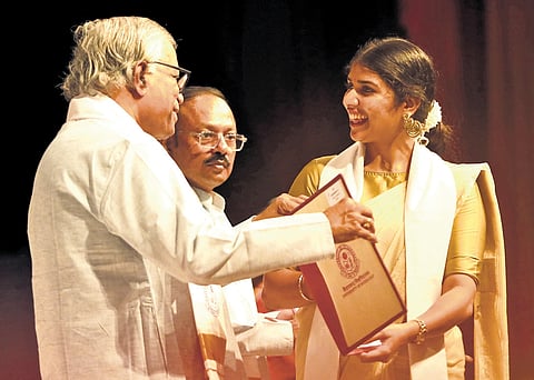 A student receives her degree during the 25th convocation of the UoH at the 
Global Peace Auditorium in Gachibowli on Tuesday 