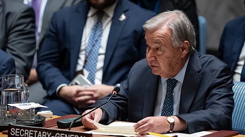 United Nations Secretary-General Antonio Guterres speaks during a Security Council meeting at the United Nations headquarters, Tuesday, Sept. 23, 2025, at U.N. headquarters.