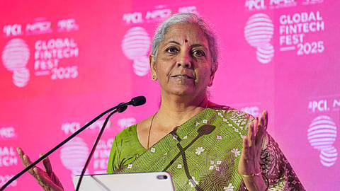 Finance Minister Nirmala Sitharaman addresses the gathering during the 'Global Fintech Fest 2025', in Mumbai, Tuesday, Oct. 7, 2025.
