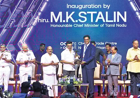 Chief Minister M K Stalin during the inauguration of AeroDefCon 2025 at the Chennai Trade Centre in Nandambakkam, on Tuesday.