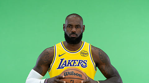 Los Angeles Lakers' LeBron James poses for photos during the NBA basketball team's media day in El Segundo, Calif., Monday, Sept. 29, 2025.
