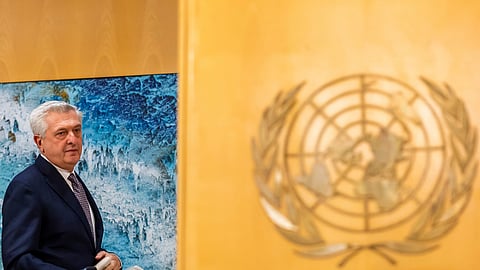 Filippo Grandi, UN High Commissioner for Refugees (UNHCR), attends UNHCR's 76th annual Executive Committee meeting at the European headquarters of the United Nations in Geneva, Switzerland, Monday, Oct. 6, 2025.