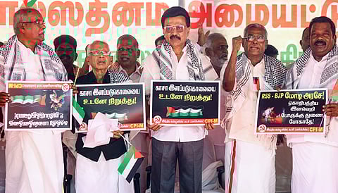 Tamil Nadu Chief Minister MK Stalin with state Congress President K. Selvaperunthagai, Dravidar Kazhagam (DK) President K. Veeramani and other leaders during CPI(M)'s protest, urging the Union government to take steps to stop war in Gaza, in Chennai, Wednesday, Oct. 8, 2025.