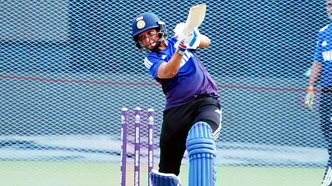 India captain Harmanpreet Kaur trains on the eve of their ODI World Cup match against South Africa