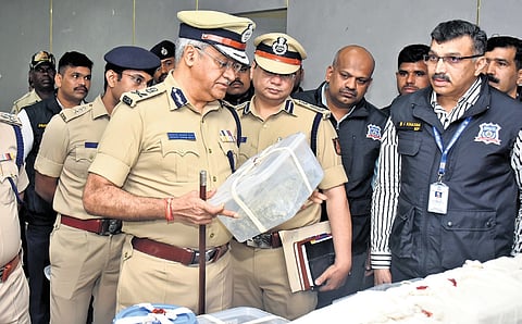 Police Commissioner Seemanth Kumar Singh inspects seized goods at the Commissioner’s Office in Bengaluru on Wednesday