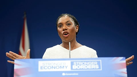 Britain's Conservative Party leader Kemi Badenoch delivers her keynote speech during the Conservative Party Conference at the Manchester Central Convention Complex, Manchester, England, Wednesday, Oct. 8, 2025.