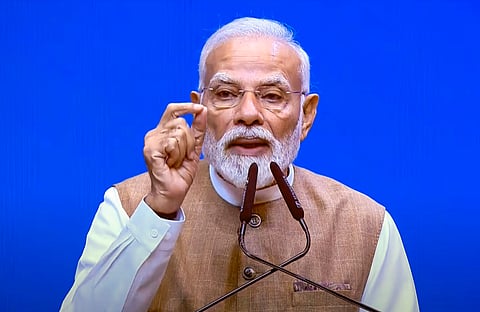 Prime Minister Narendra Modi addresses the gathering during the inauguration of 'India Mobile Congress 2025', at Yashobhoomi in New Delhi.