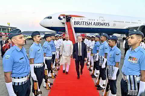 Maharashtra Governor Acharya Devvrat with United Kingdom Prime Minister Keir Starmer on latter's arrival at Chhatrapati Shivaji Maharaj International Airport, in Mumbai.