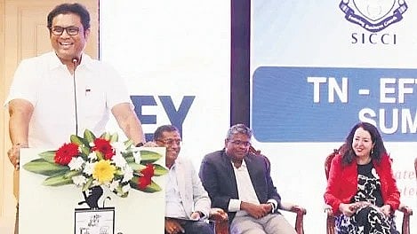 Minister TRB Rajaa speaking at the Tamil Nadu–EFTA Business Summit in Chennai on Wednesday | Express