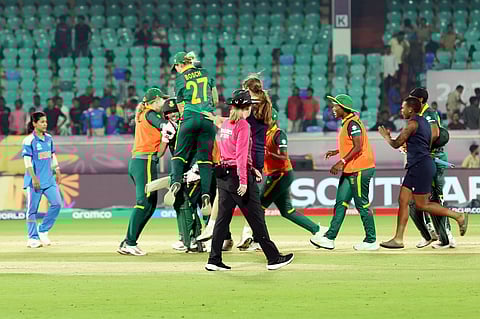 South African players rejoice after beating India on Thursday