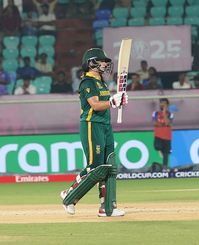 South Africa's Nadine de Klerk celebrates after reaching her half-century against India on Thursday