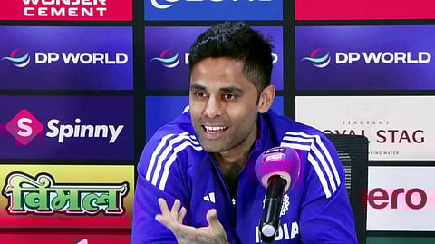 In this photo from Sept. 20, 2025, Indian Cricket Team T20 captain Suryakumar Yadav addresses a press conference in Dubai.