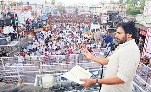 Deputy Chief Minister Pawan Kalyan addressing a public meeting in Uppada of Kakinada district on Thursday.