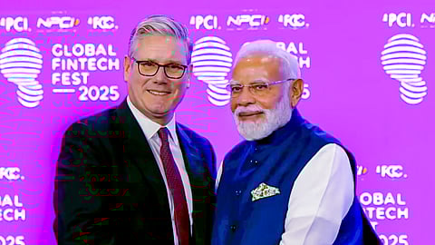 Prime Minister Narendra Modi with his British counterpart Keir Starmer at the Global Fintech Fest 2025, in Mumbai. 