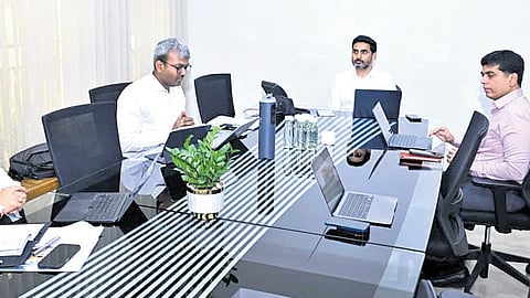 HRD Minister N Lokesh during a review meet on school education on Thursday.