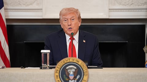 US President Donald Trump speaks during a roundtable meeting on Antifa in the State Dining Room at the White House, Wednesday, Oct. 8, 2025, in Washington.