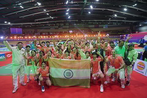 Team India celebrates as they confirm first ever medal in Suhandinata Cup