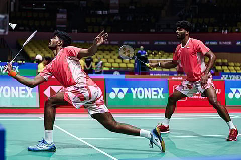 India's Bhargav Ram Arigela (L) & Viswa Tej Gobburu of India during the semifinal tie against Indonesia