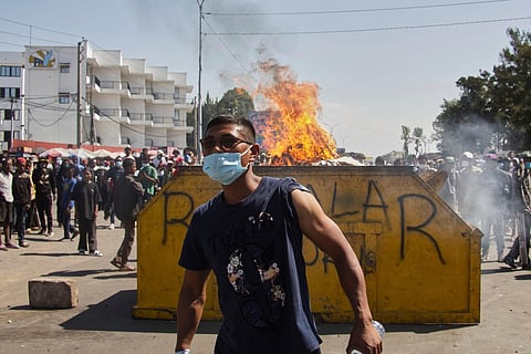 Protesters call for President Andry Rajoelina to step down in Antananarivo, Madagascar, Tuesday, Oct. 14, 2025. 
