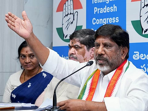 Deputy Chief Minister Mallu Bhatti Vikramarka addressing the media at Gandhi Bhavan in Hyderabad.