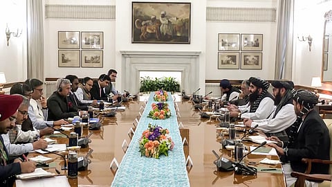 External Affairs Minister S. Jaishankar and Afghanistan's Foreign Minister Amir Khan Muttaqi hold a delegation-level bilateral meeting in New Delhi on Friday, Oct. 10, 2025.