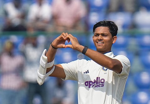Yashasvi Jaiswal celebrates after his ton. 