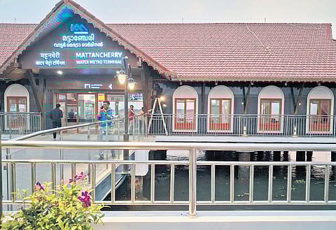 A view of the Mattancherry terminal where last-minute work is progressing ahead 
of the inauguration on Saturday