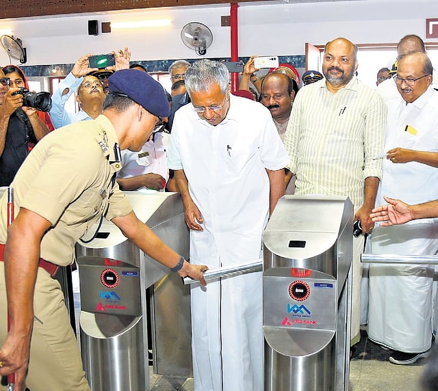 Chief Minister Pinarayi Vijayan inaugurating Mattancherry Water Metro station on Saturday. Industries Minister P Rajeeve is also seen.