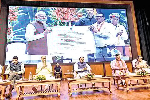 Chief Minister Mohan Charan Majhi, Dy CM KV Singh Deo, and Law Minister Prithiviraj Harichandan at the PMDDKY launch event on Saturday 
