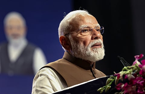 Prime Minister Narendra Modi addresses the gathering during the launch of two major agricultural schemes
