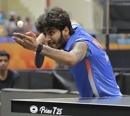 India table tennis player Ankur Bhattacharjee in action at the 38th Asian Table Tennis Team Championship at Kalinga Stadium in Bhubaneswar on Sunday