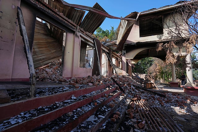 In this photo taken during a trip supervised by pro-military Myanmar media, a damaged court is seen in Kyaukme, northern Shan State, Myanmar, Friday, Oct. 10, 2025.