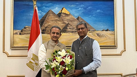 Union Minister Kirti Vardhan Singh being welcomed upon his arrival in Cairo.