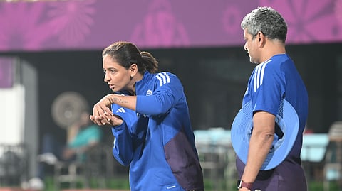 Smriti Mandhana reacts after her wicket against England