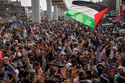 Supporters of Islamist party 'Tehreek-e-Labbaik Pakistan' take part in a rally to show their solidarity with Palestinian people, in Lahore, Pakistan, Friday, Oct. 10, 2025.