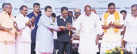 Union Highways Minister Nitin Gadkari and Puducherry CM N Rangasamy, and L-G K Kailashnathan inaugurated three highway projects on Monday 