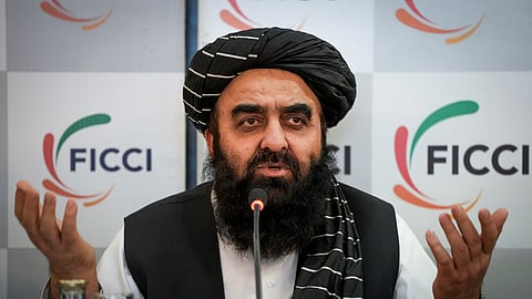 Afghanistan Foreign Minister Amir Khan Muttaqi addresses a press conference, at FICCI, in New Delhi, Monday, Oct. 13, 2025. 