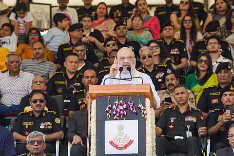 Union Home Minister Amit Shah addresses the gathering during the 41st Raising Day celebrations of the National Security Guard (NSG) and foundation stone laying ceremony for the Special Operations Training Centre (SOTC) at the NSG Garrison in Manesar, Gurugram, Haryana.