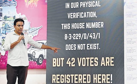 Ahead of the Jubilee Hills byelection, BRS working president KT Rama Rao 
gives a presentation on alleged electoral fraud in the constituency on Tuesday