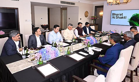 CM Nara Chandrababu Naidu, Minister for IT Nara Lokesh and Google Cloud Global CEO THOMAS Kurian during the MoU with Google in Delhi.