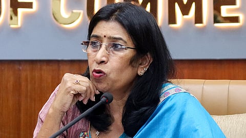 First Lady President of FKCCI Uma Reddy addressing the press at FKCCI Cabinet Hall in K.G. Road on Tuesday afternoon.