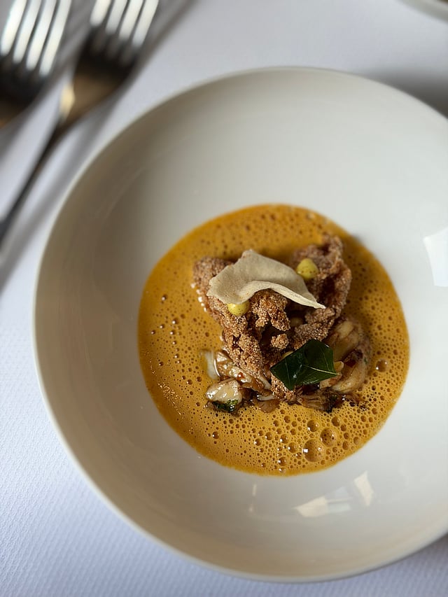 Pumpkin bitterballen in mustard coconut sauce