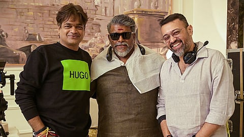 Harish Shankar (L), R Parthiban (M) and Ayananka Bose (R) on Ustaad Bhagat Singh sets