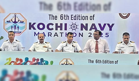Naval Aircraft Yard Commodore Superintendent Sudhir Reddy, Navy sports officer Commander Dheevaj Thapa, Navy PRO Abhijith Ghosh, Defence PRO Atul Pillai and race director Commander Prince Mathai  announcing the marathon at Kochi Naval Base on Wednesday.