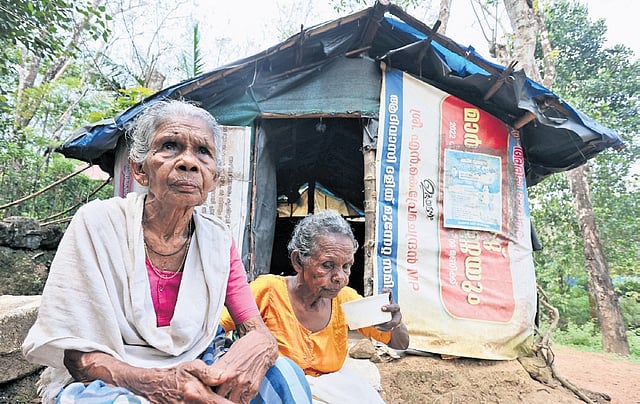 Podichi and Pankajakshi, who have been part of the land struggle, near the makeshift shed where they have been staying for many years