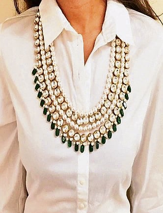 Top of the pops: Jewellery doesn’t have to follow specific rules. Why not pair a traditional set with a fun, contemporary outfit?