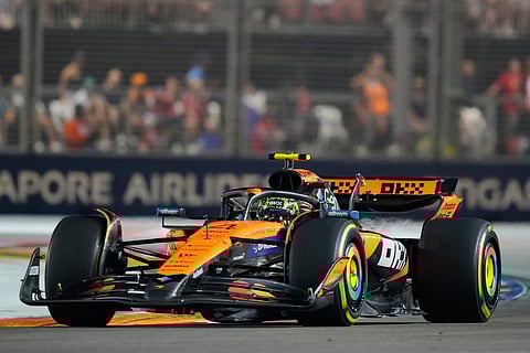 McLaren driver Lando Norris of Britain steers his car during the Singapore Formula One Grand Prix at the Marina Bay Street Circuit in Singapore, Sunday, Oct. 5, 2025.